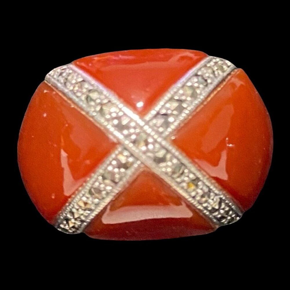 Dome Ring Size 7.5 Carnelian Marcasite Women Sterling Silver 925
